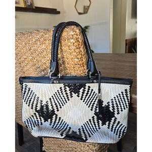 Cole Haan Handbag Black White Leather Woven Tote Shoulder Bag Braided Large